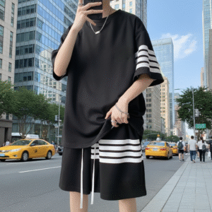 nk oversized black strip t-shirt & shorts combo round neck cotton fabric t shirt
