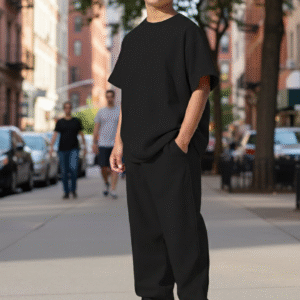 premium black oversized tee with a modern drop shoulder and lower set