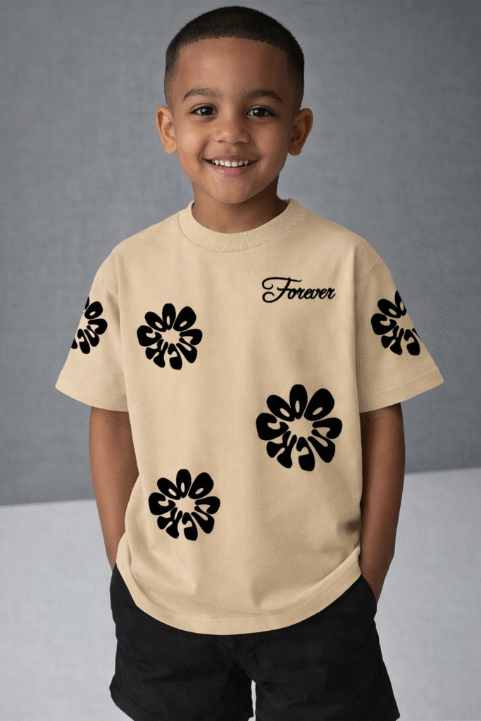 premium forever floral kids t shirt – beige oversized tee