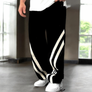 premium black track pants with bold side stripes